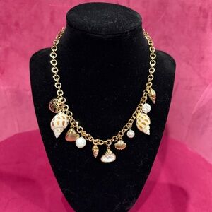 Gold Shell Charm Necklace with White Enamel Accents - Women Jewelry